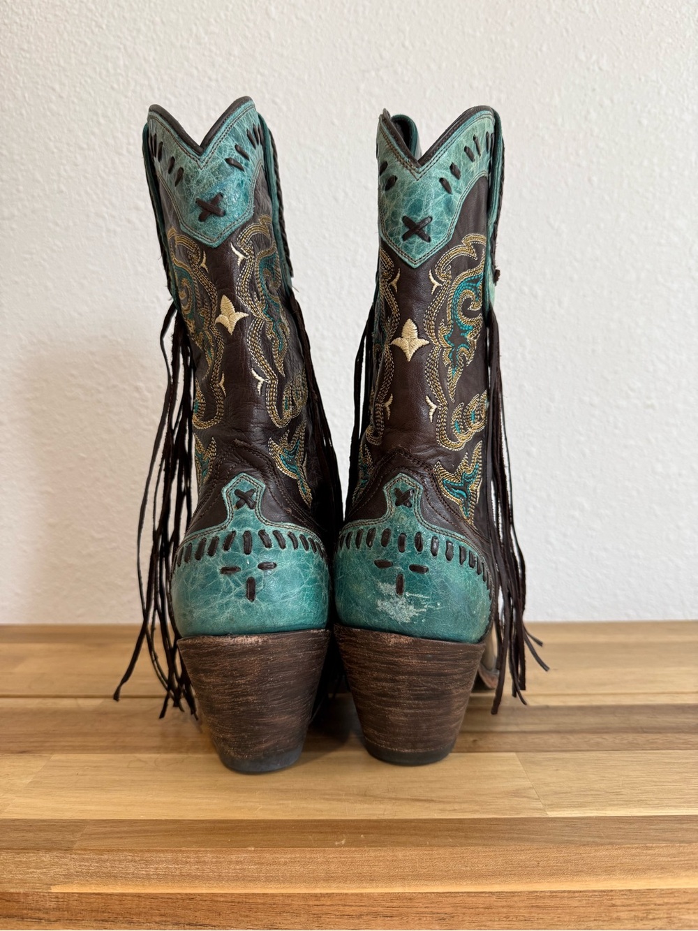 Lucchese Western Cowboy Boots Choc Brown Turquoise Crater Wingtip Fringe 6 B - Picture 5 of 14